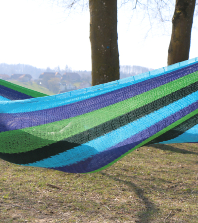 Mexikanische Hängematte aus Baumwolle Blau/Grün gestreift