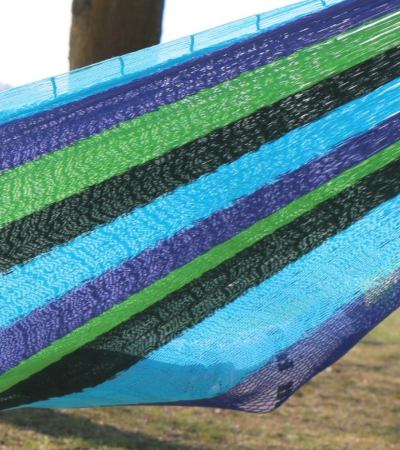 Mexikanische Hängematte aus Baumwolle Blau/Grün gestreift